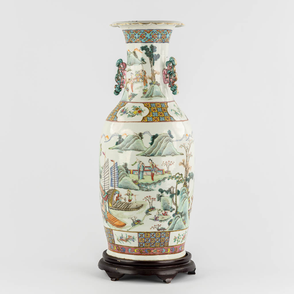 A Chinese Famille Rose vase with a double decor, Landscape scène with a harbor. 