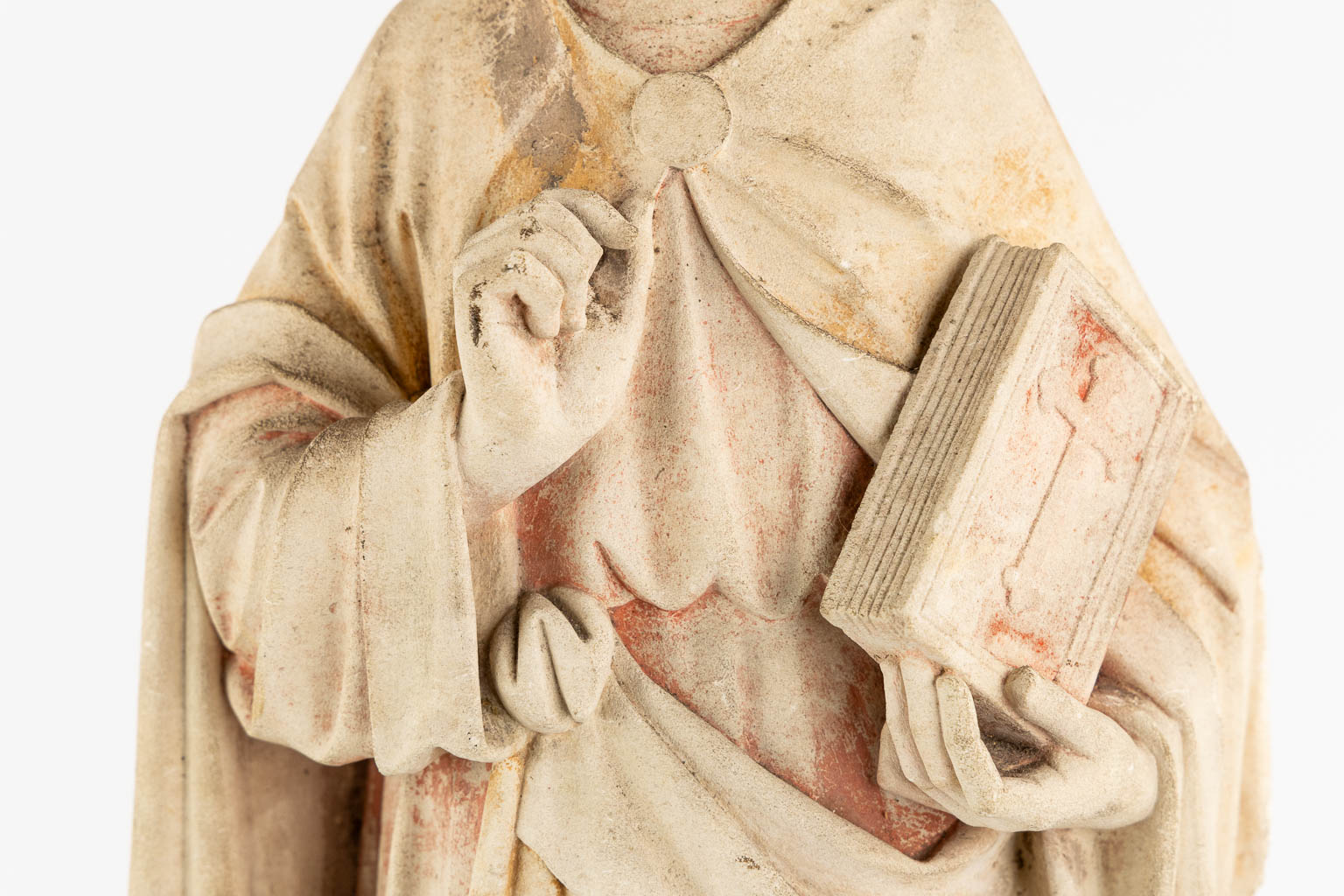 A figurine of Evangelist John, sculptured sandstone. Gothic Revival. (W:23 x H:63 cm)