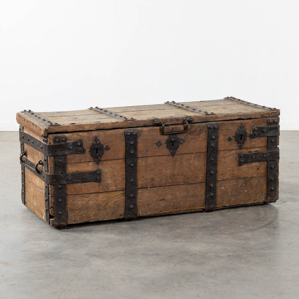 An antique chest with wrought iron hardware, Northern France or Flanders, circa 1600. (L:59 x W:130 x H:51 cm)