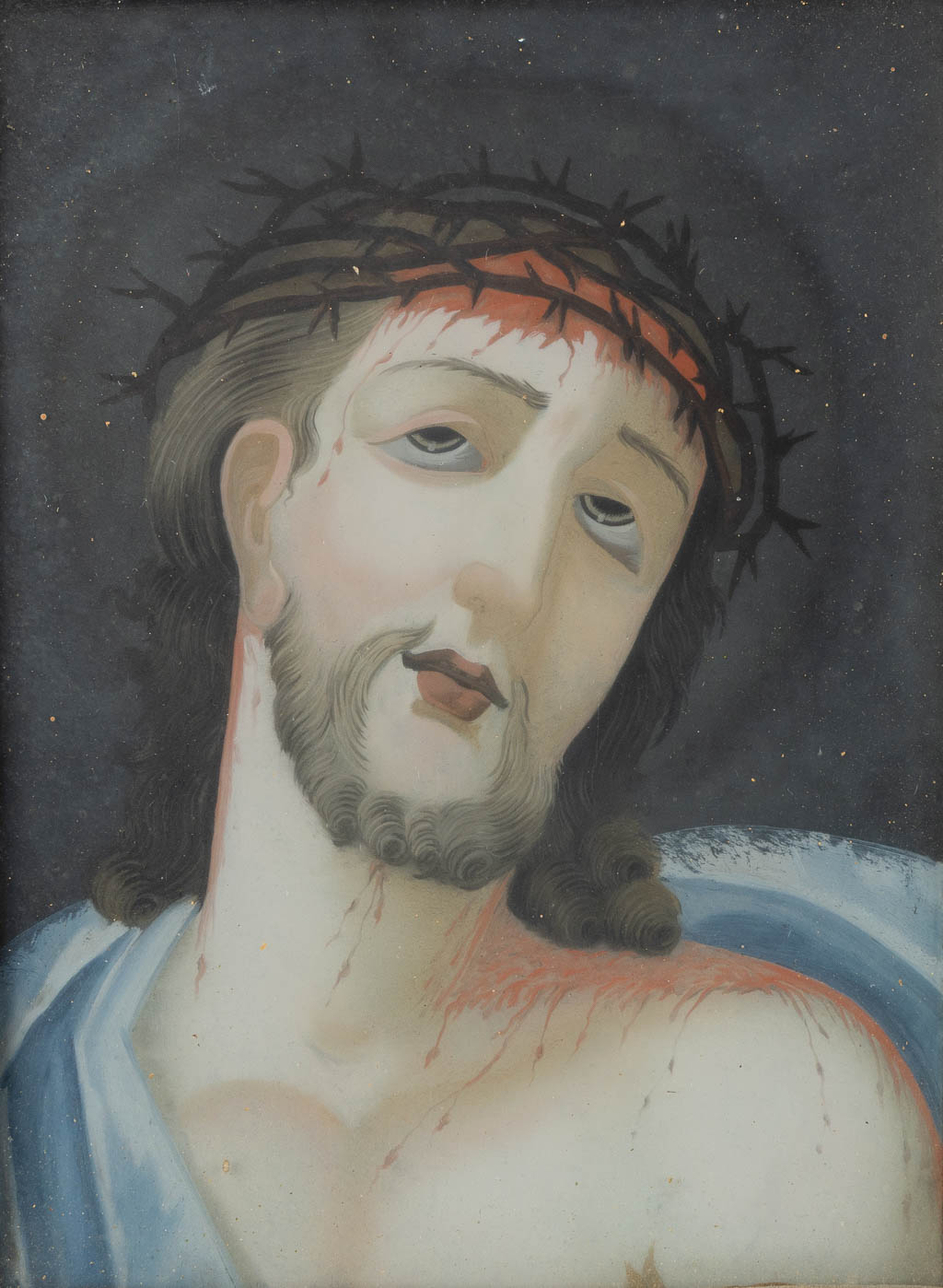 An antique 'Reverse glass painting', Christ with the crown of thorns. 19th C.