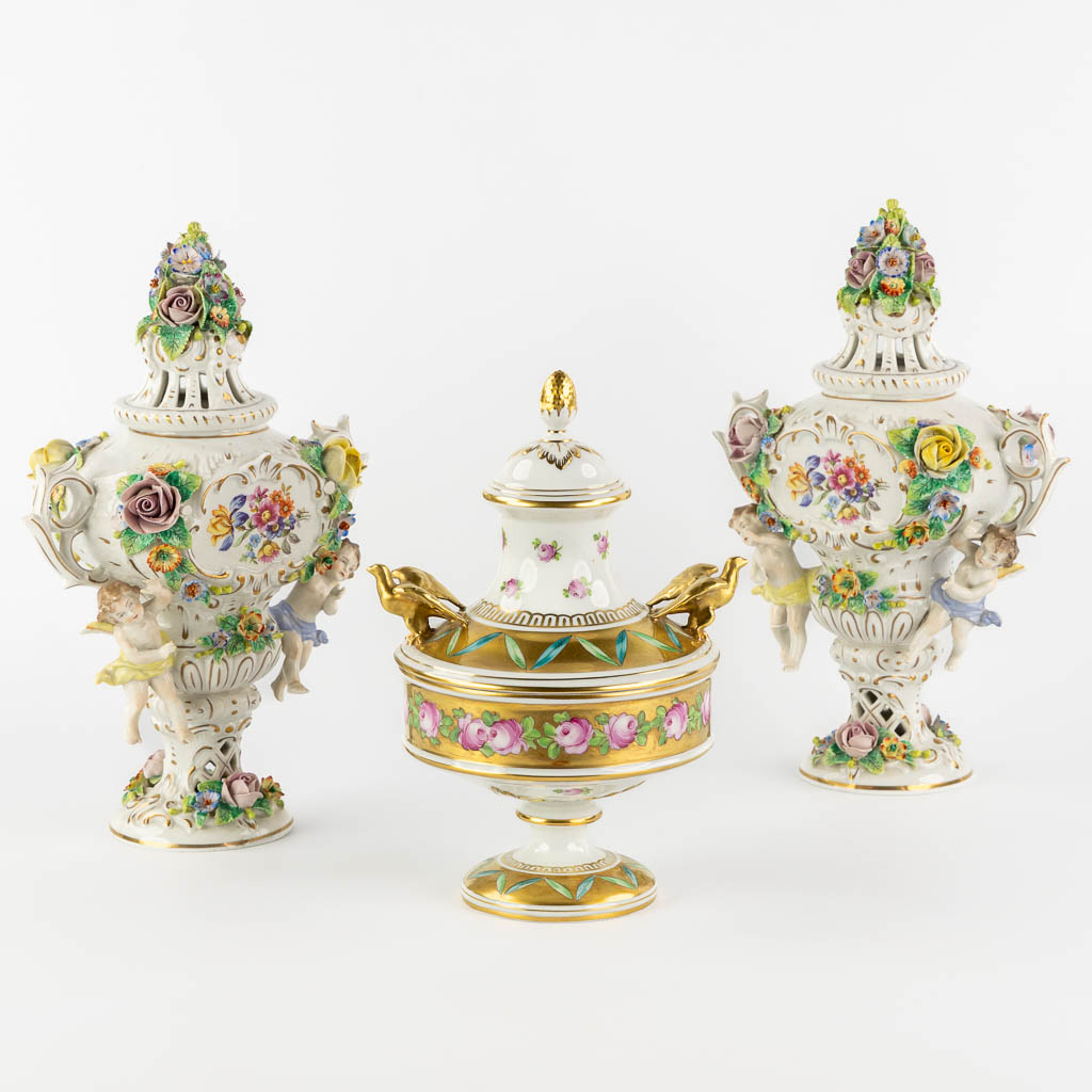 Dresden and Sitzendorf, three pieces of polychrome porcelain. Saxony, Germany. (L:11 x W:20 x H:29 cm)