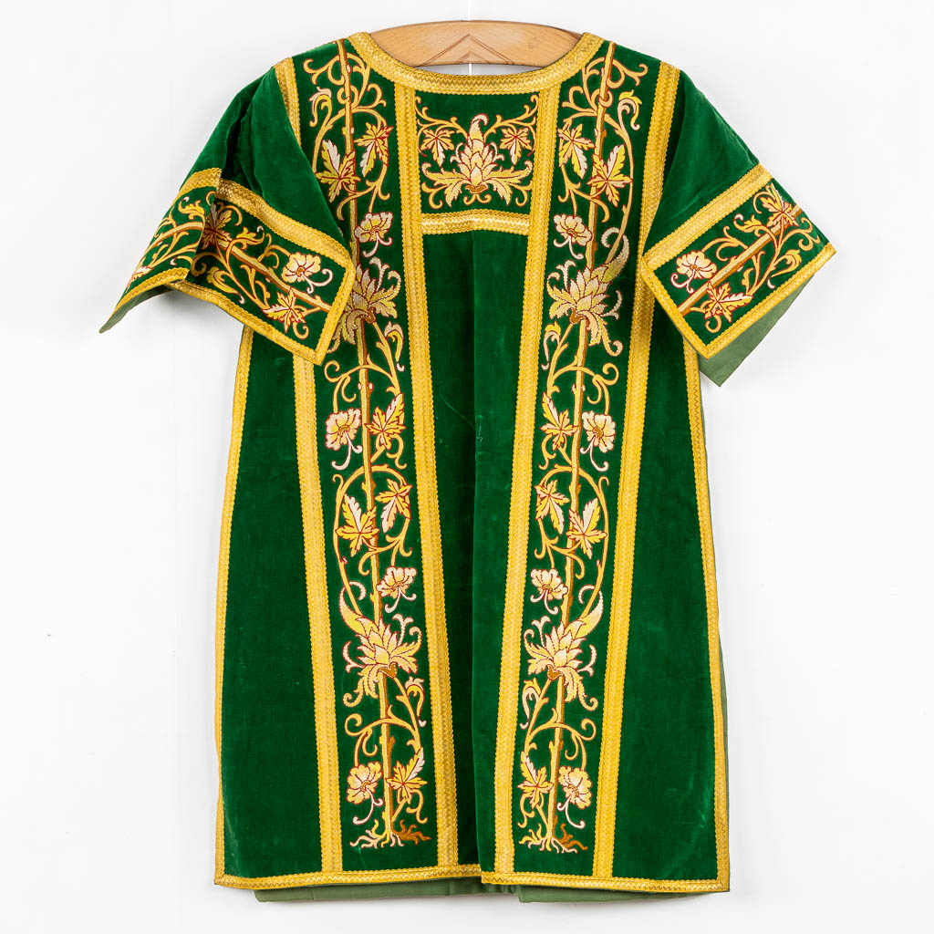 A set of Dalmatics and a Roman Chasuble, added a Chasuble and stola, maniple. Embroideries. Made around 1910.  Church use.