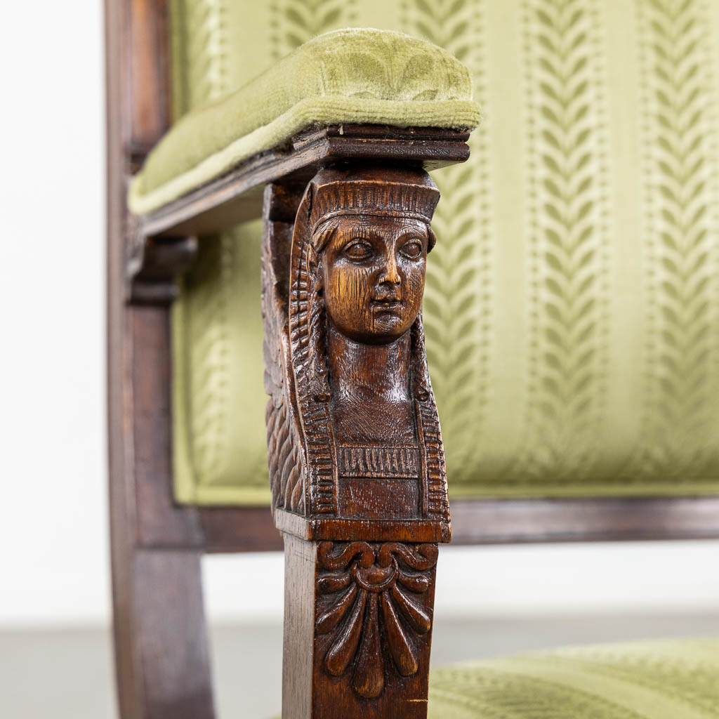 An antique armchair, sculptured wood in Empire style. (L:60 x W:59 x H:91 cm)