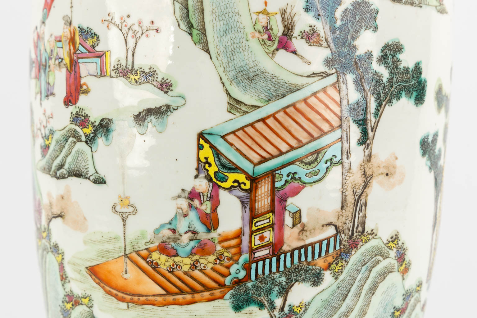 A Chinese Famille Rose vase with a double decor, Landscape scène with a harbor. 