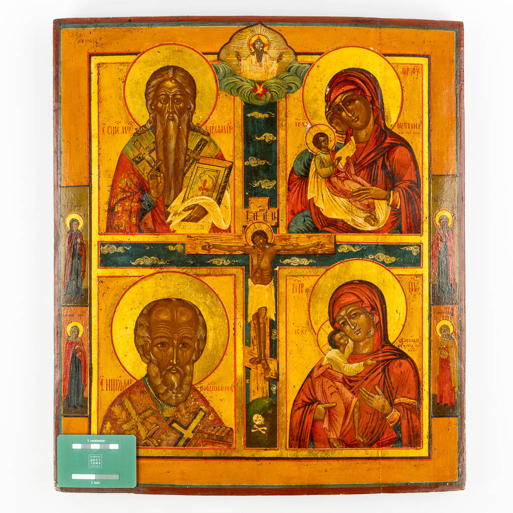 A large Multipe scènes Icon with Crucifixion, Mother God, Saints. 19th C. (W:44 x H:50,5 cm)