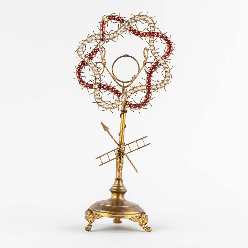 A small Monstrance, Brass, Crown of Thorns with facetted glass. circa 1900. 