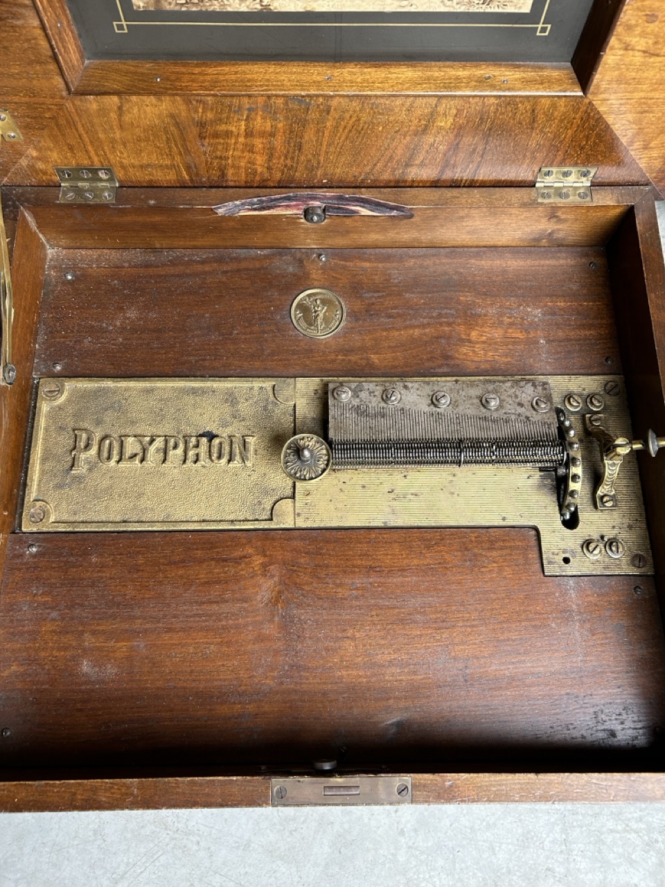 Polyphon, a music box in a wood chest. 10 records. (L:47 x W:54 x H:23 cm)