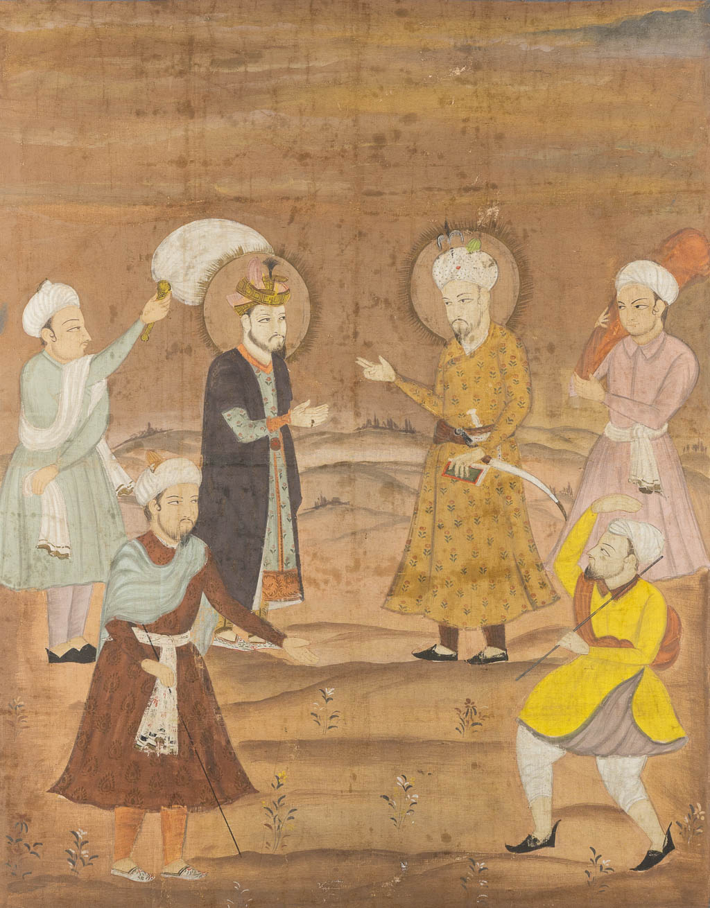 Twee decoratieve Oosterse schilderijen, India en Mughal, Mixed media op doek, 18de/19de eeuw. (W:85 x H:114 cm)