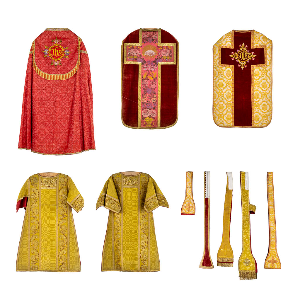 A Cope, a pair of Dalmatics and Two Roman Chasubles, Embroideries.