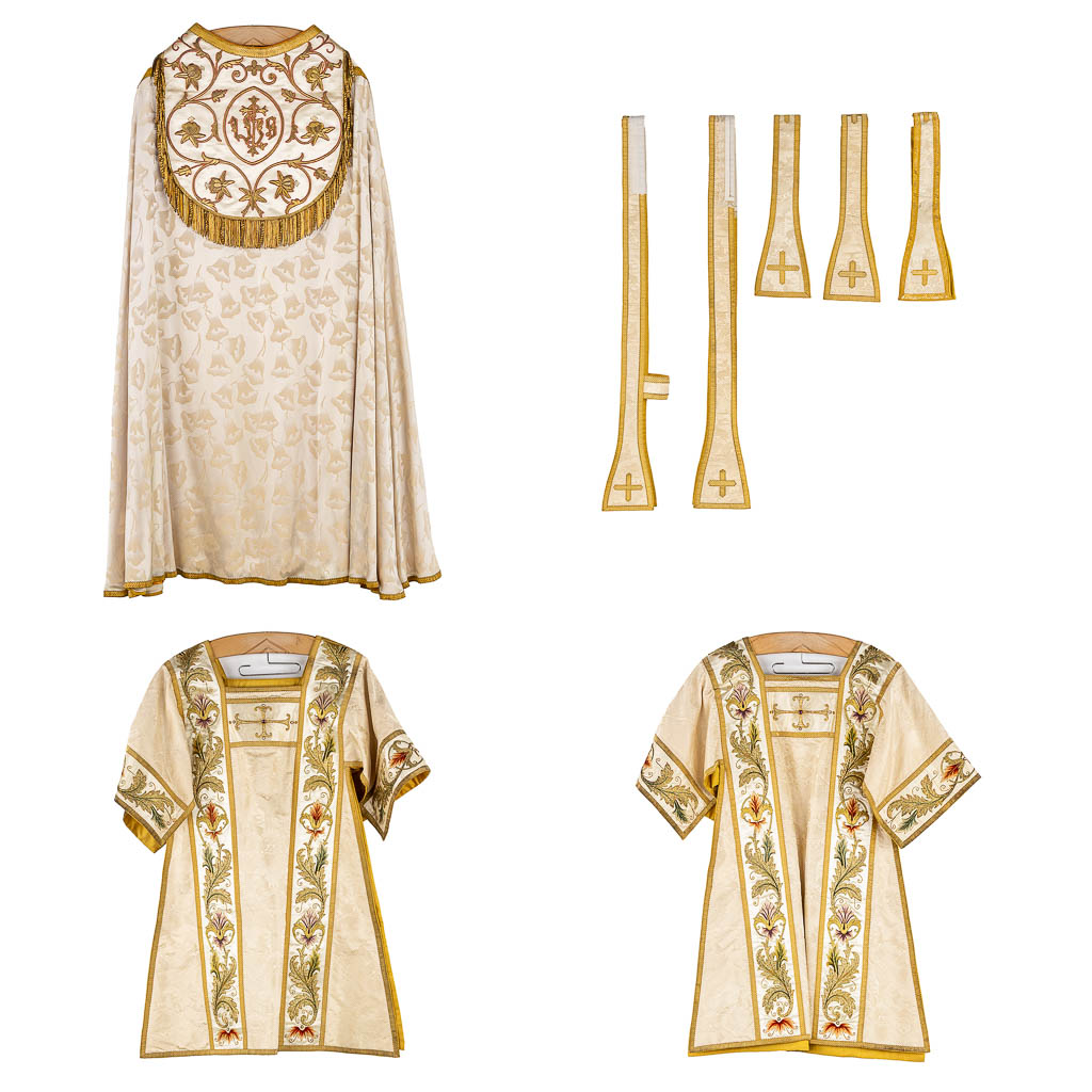 A pair of Dalmatics and a Cope, Thick Gold Thread Embroideries and Cabochons. 